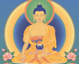 Buddha with offerings and background